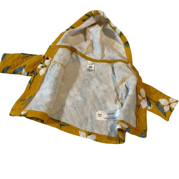 Baby Girls Carters Quilted Hooded Jacket 3M Yellow Floral Cotton Blend - Picture 5 of 8